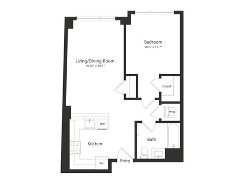 Floor plan for 1 bed, 1 bath, 709 sqft